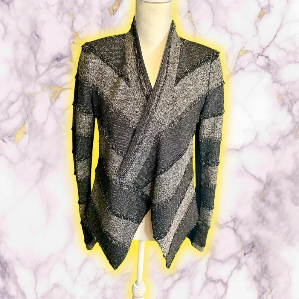 NWOT BCBGMaxAzria ‘Aubree’ Tweed Draped Front Jacket in Black & Gray Stripe XXS